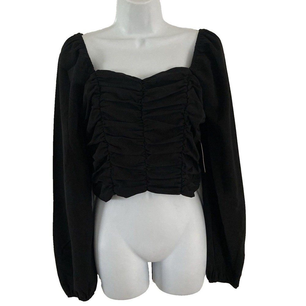Mixed Threads Black Crop Top Jr Womens Size M Stretch Ruched Long Sleeves NWT